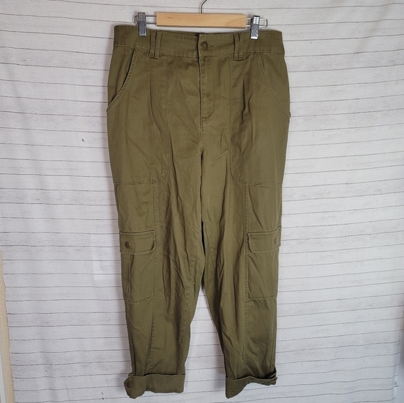 KNOX ROSE CUFFED OLIVE GREEN CARGO PANTS W ELASTIC WAIST BAND, SZ MEDIUM - Picture 1 of 16